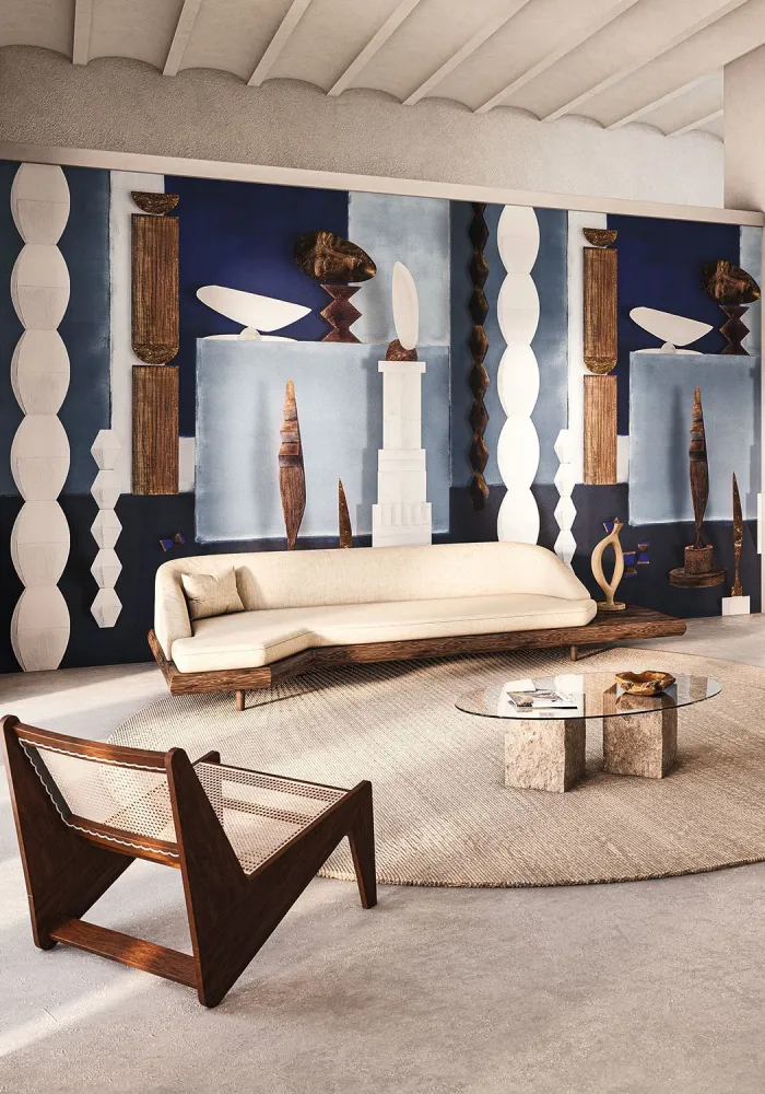 Mural z motywem artystycznym L'ATELIER DE BRANCUSI - BLEU D'EGYPTE niebieski z białym