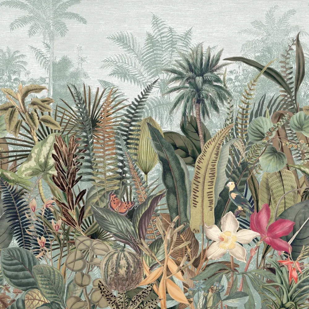 Mural z motywem roślinnym DAINTREE - CELADON/KAKI seledynowy z khaki