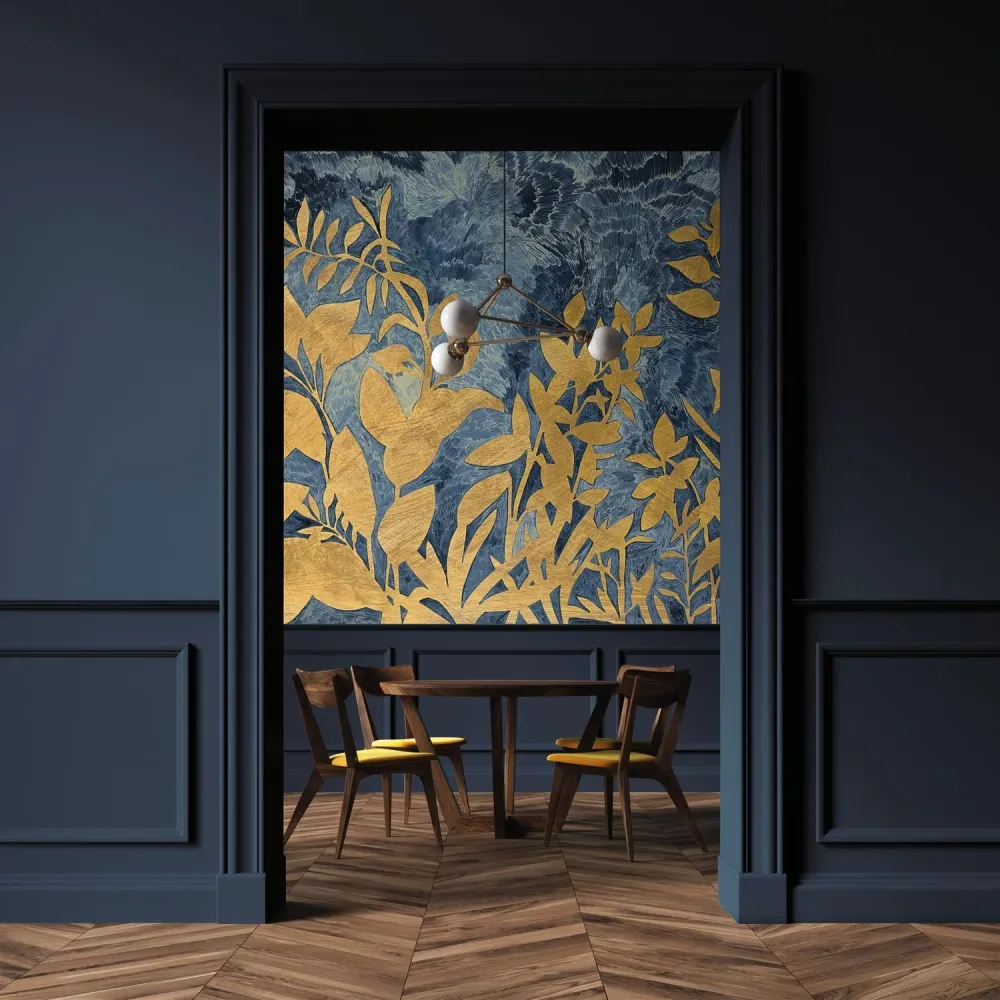 Mural z motywem roślinnym FLEUR DE LUNE - MARINE/DORÉ granatowy ze złotym