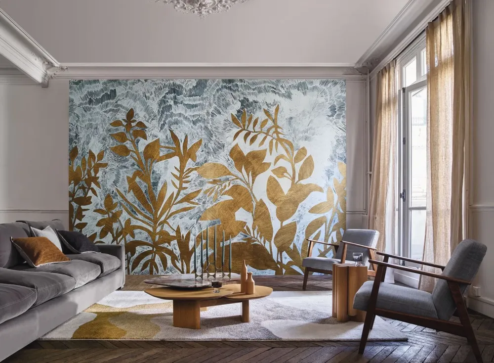 Mural z motywem roślinnym liści FLEUR DE LUNE - GRIS NUAGE/DORÉ szary ze złotym
