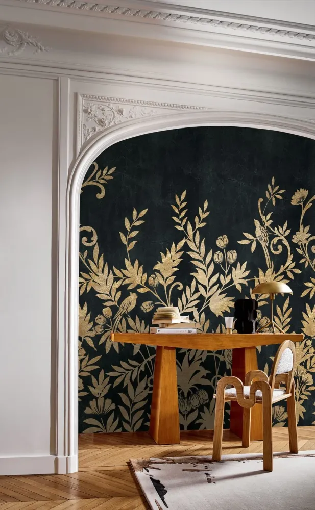 Mural z motywem roślinnym liści JARDIN DE DIANE czarny ze złotym