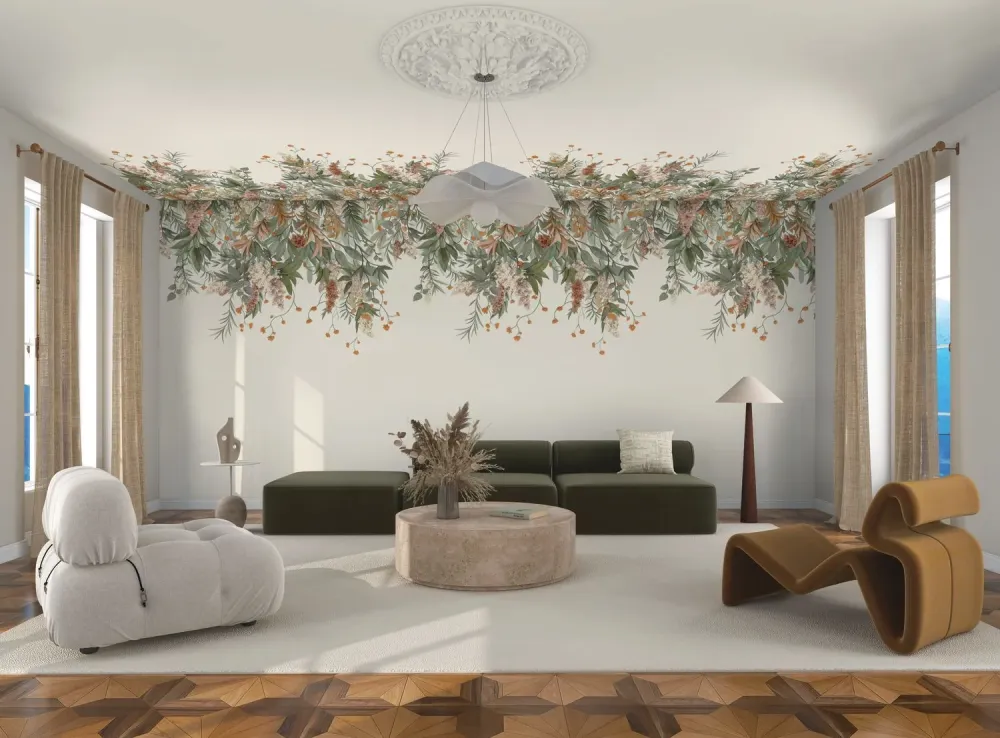 Mural z motywem roślinnym liści WISTERIA zielony z beżowym