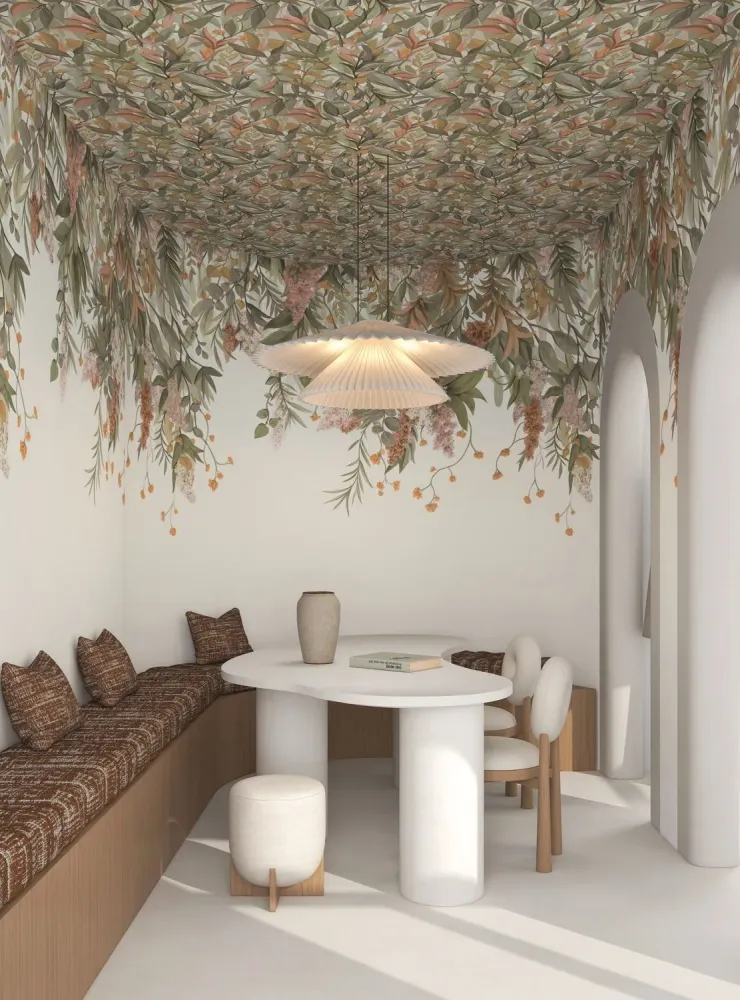 Mural z motywem roślinnym liści WISTERIA zielony z beżowym