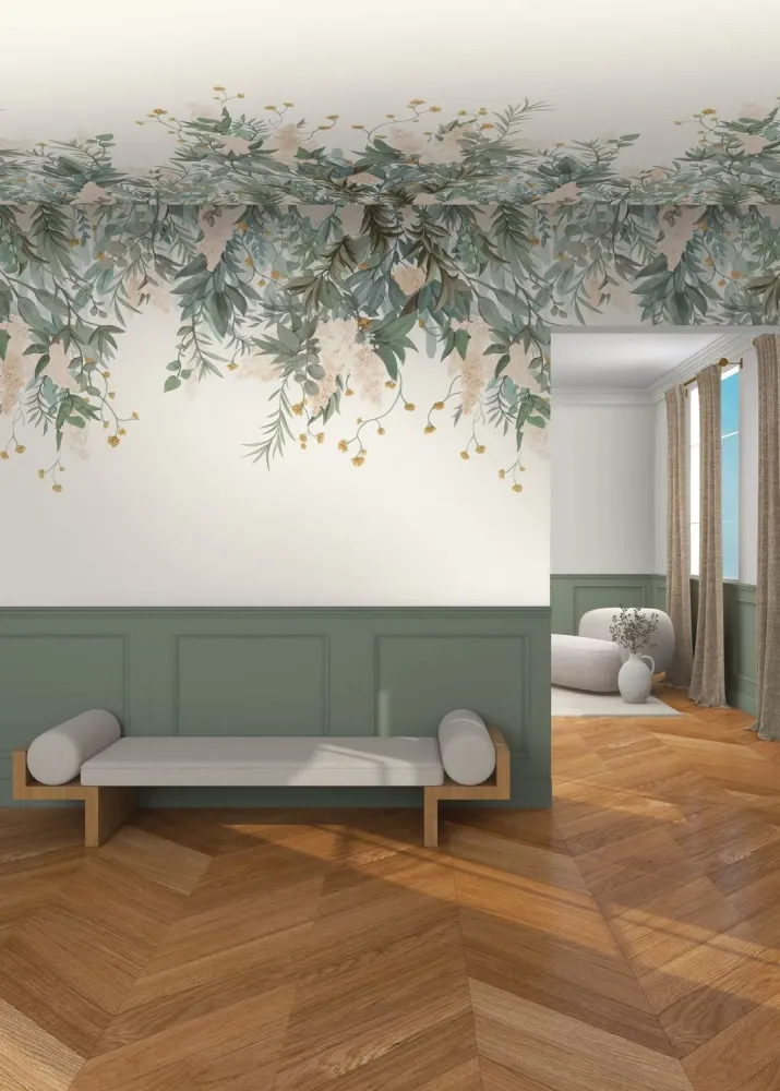 Mural z motywem roślinnym liści WISTERIA zielony z beżowym