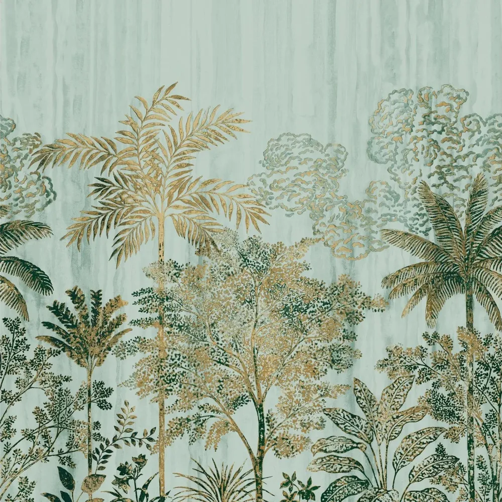 Mural z motywem roślinnym palm SIWA - OPALINE/DORÉ zielony ze złotym