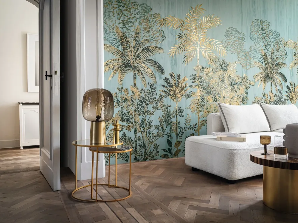 Mural z motywem roślinnym palm SIWA - OPALINE/DORÉ zielony ze złotym