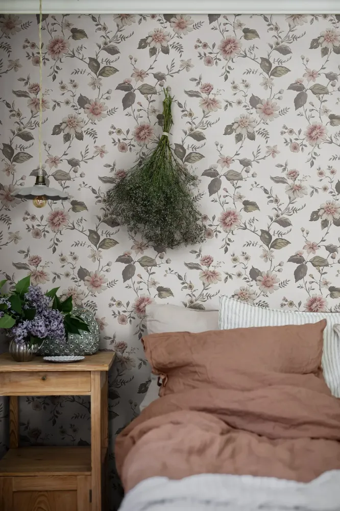 Mural strukturalny z roślinnym wzorem kwiatów MARION’S biały z różowym