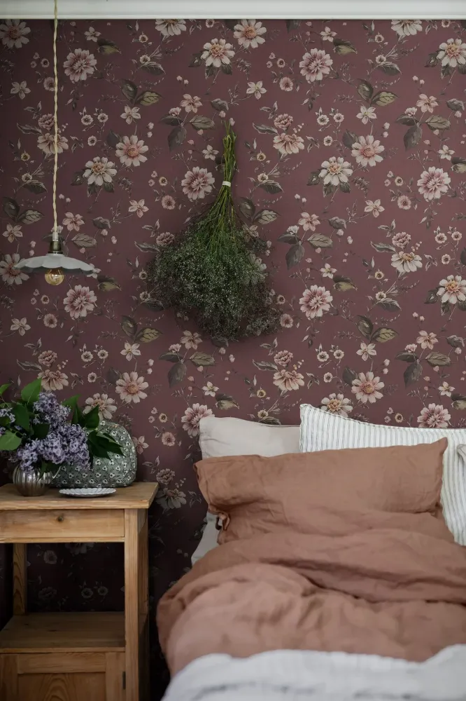 Mural strukturalny z roślinnym wzorem kwiatów MARION’S bordowy z białym