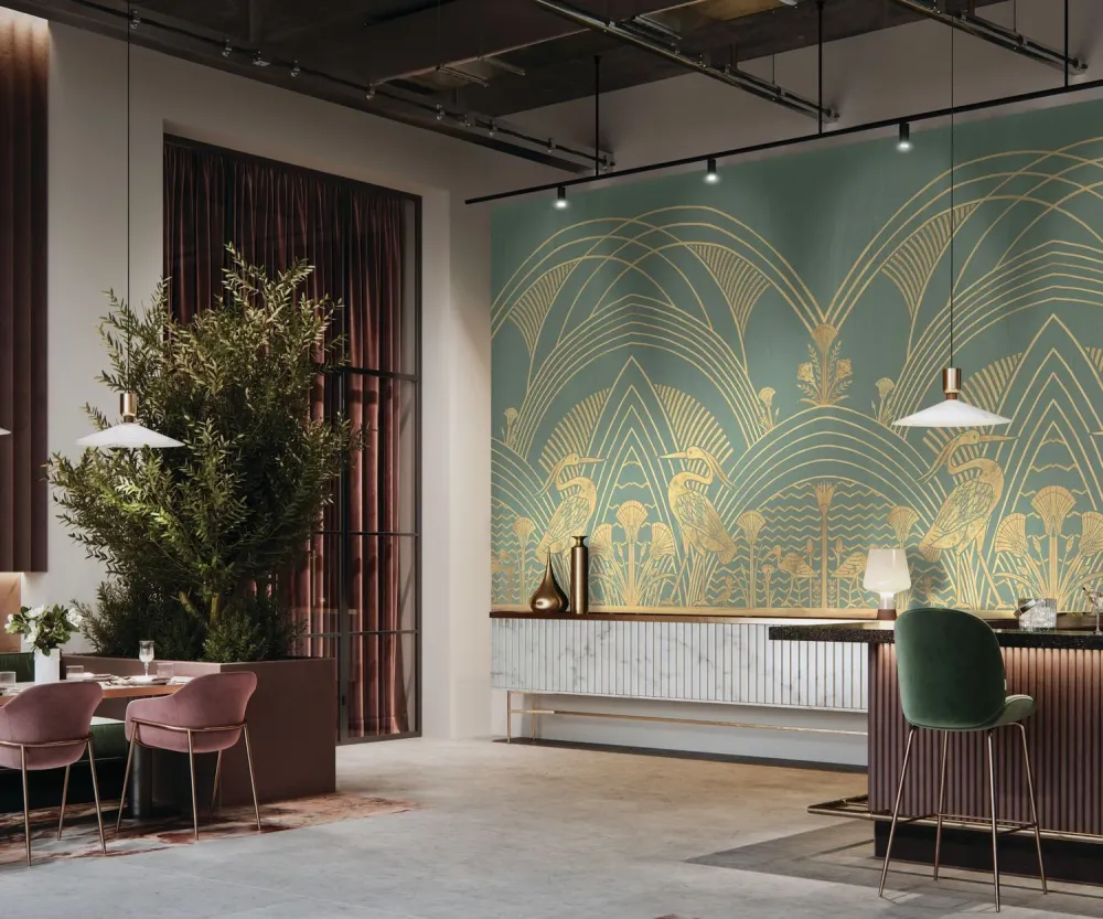 Mural w stylu art déco ELEPHANTINE zielony ze złotym