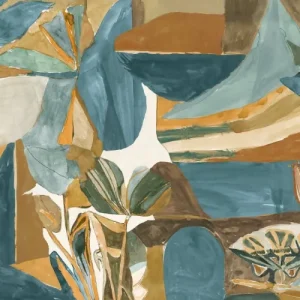 Mural tekstylny abstrakcyjny z motywem roślinnym JARDIN DANSÉ - BLEU PERSAN AMBRE niebieski ze złotym