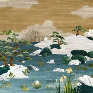 Mural tekstylny z japońskim krajobrazem ADACHI - MORDORÉ MARINE niebieski z brązem