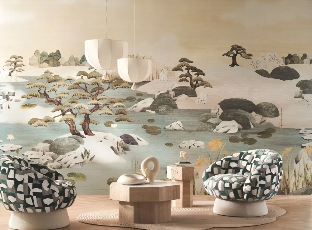 Mural tekstylny z japońskim krajobrazem ADACHI - SABLE OPALINE zgaszony beż z zielonym