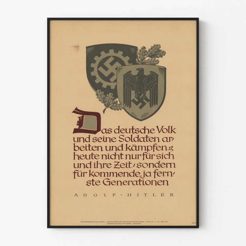 Niemiecki plakat propagandowy z cytatem Adolfa Hitlera i symbolami nazistowskimi