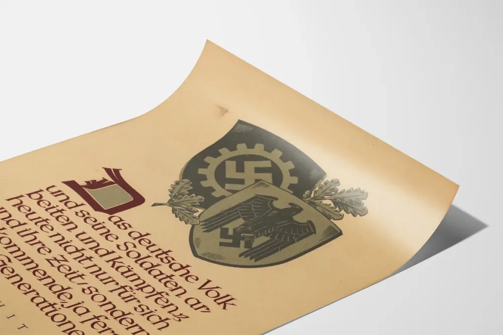 Niemiecki plakat propagandowy z cytatem Adolfa Hitlera i symbolami nazistowskimi