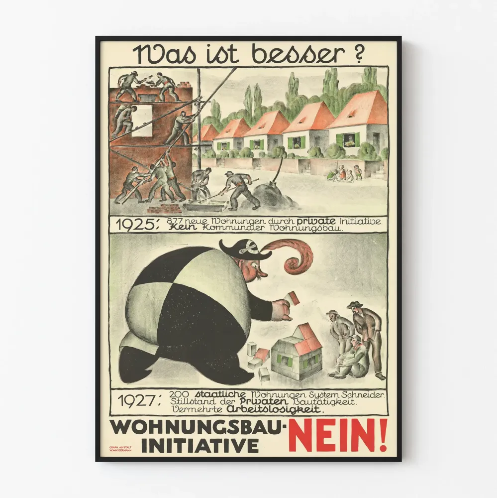 Niemiecki plakat vintage o zakwaterowaniu i inicjatywie budowlanej