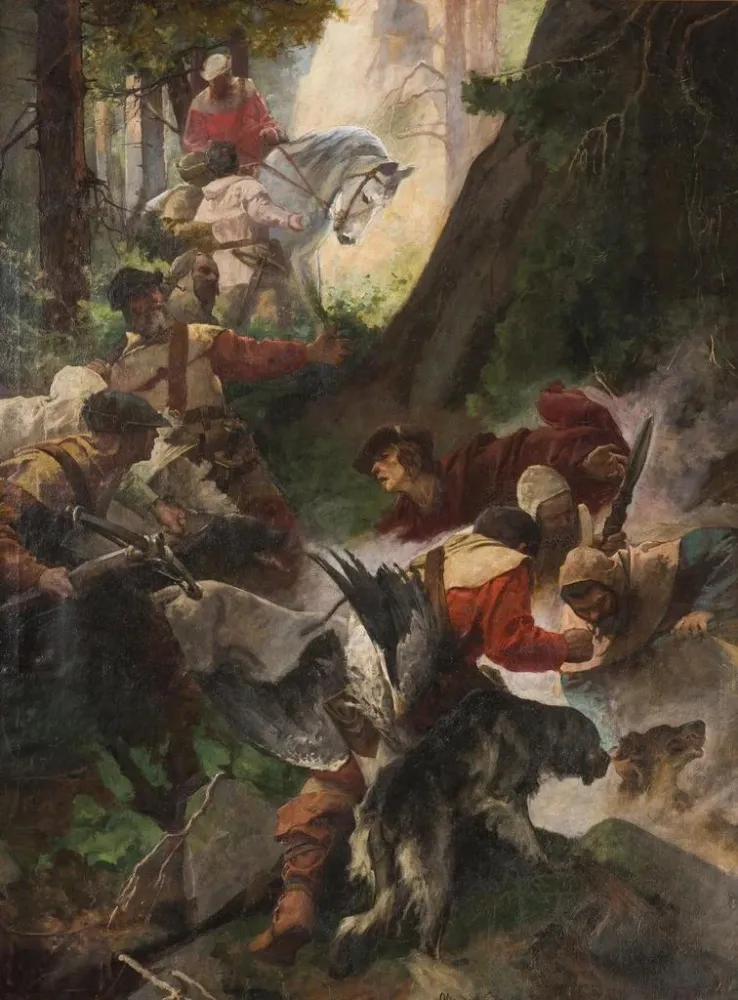 Obraz La découverte des sources chaudes par Charles IV - Alexander Jakesch | Druk artystyczny