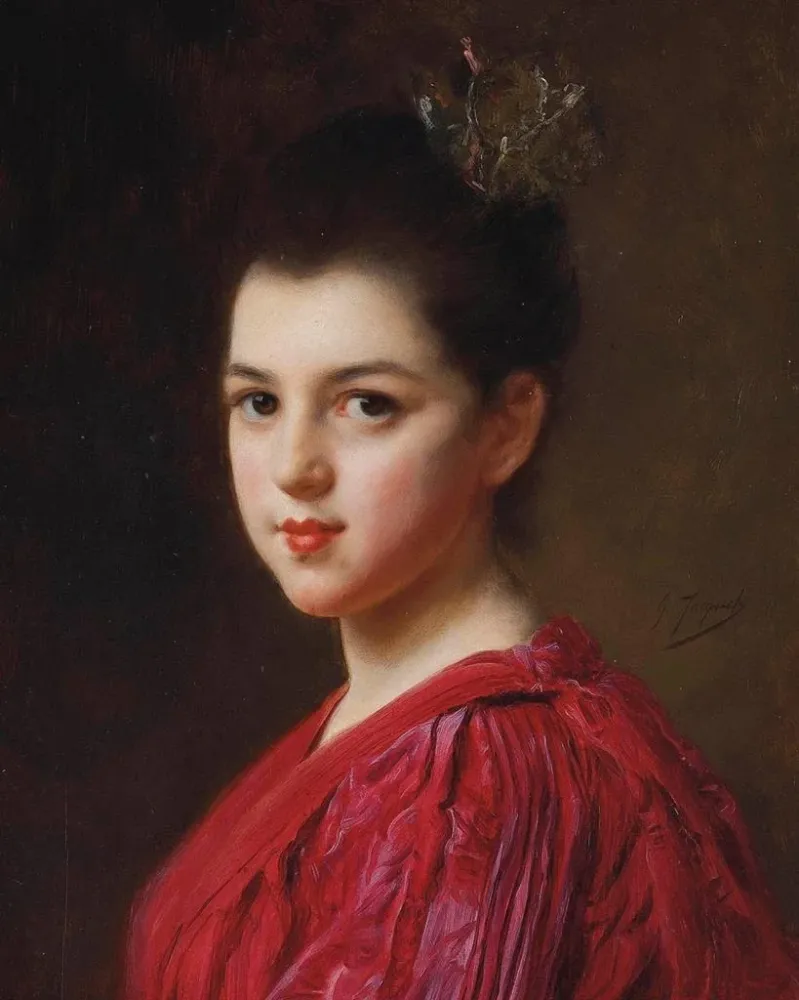 Obraz Kobieta w czerwonej sukni - Gustave Jean Jacquet | Druk artystyczny