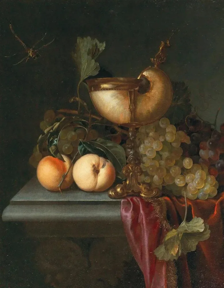 Obraz Martwa natura z miską Nautilus, winogronami i brzoskwiniami - Abraham de Lust | Druk artystyczny