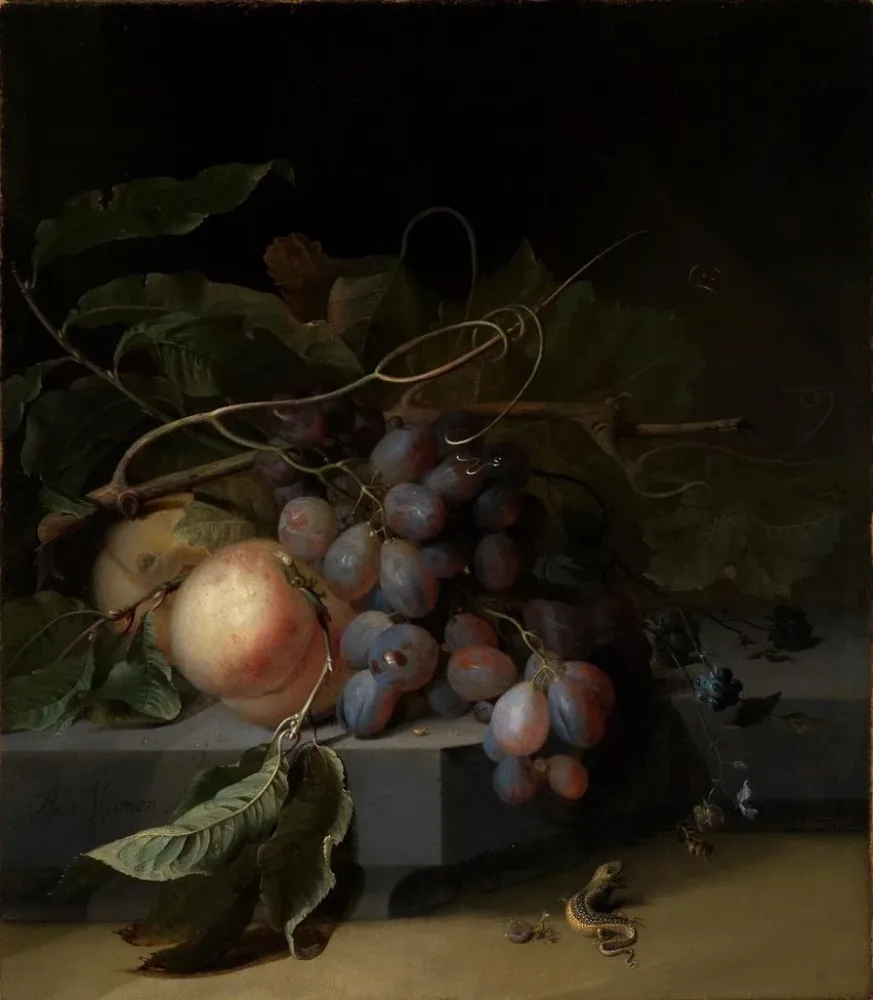 Obraz Martwa natura z owocami i jaszczurką - Abraham Mignon | Druk artystyczny
