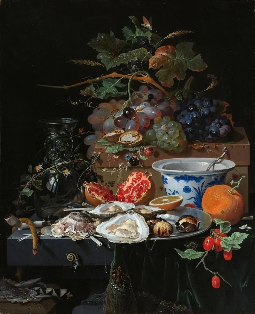 Obraz Martwa natura z owocami, ostrygami i miską z porcelany - Abraham Mignon | Druk artystyczny