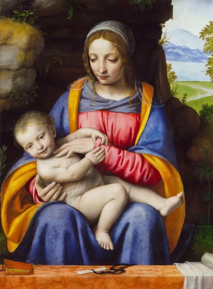 Obraz Matka Boska z Dzieciątkiem na tle krajobrazu - Bernardino Luini | Druk artystyczny