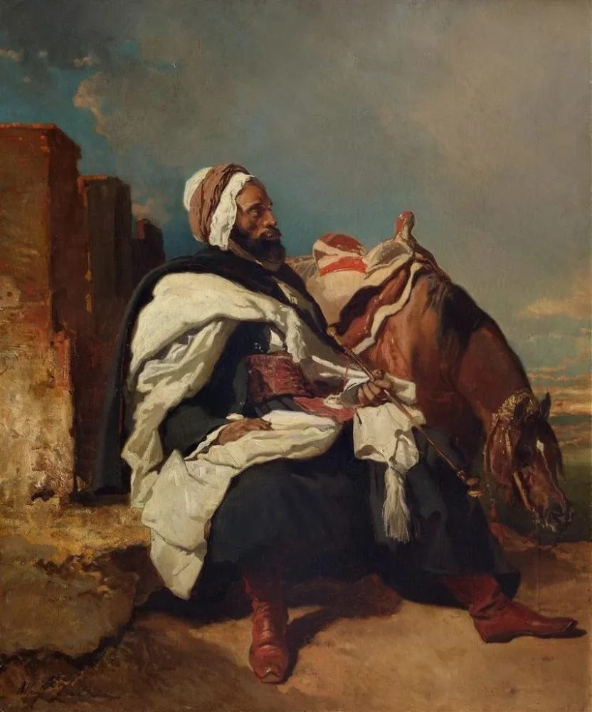 Obraz mężczyzny arabskiego siedzącego z koniem - Alfred de Dreux | Druk artystyczny