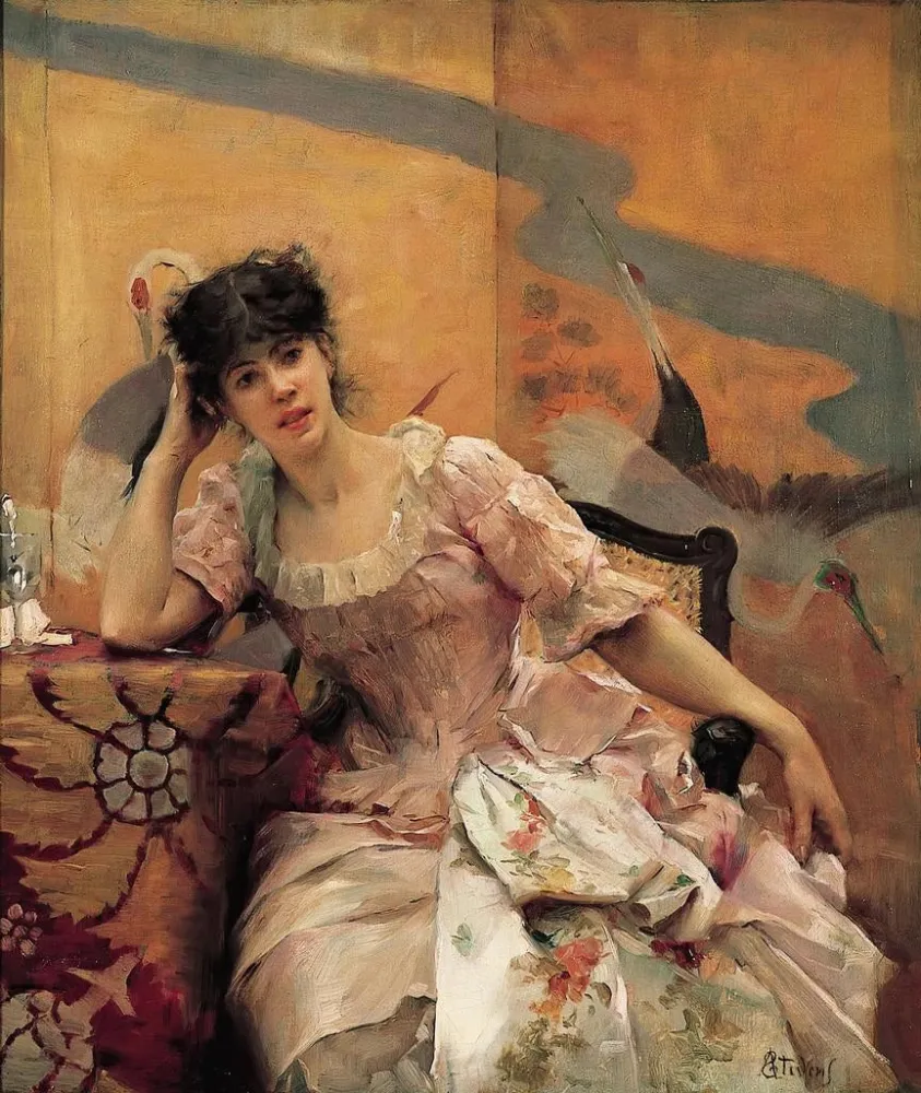 Obraz Młoda kobieta z japońską parawanem - Alfred Stevens | Druk artystyczny