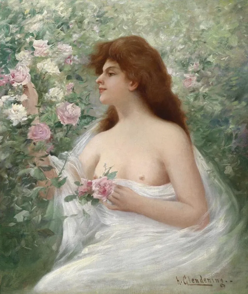 Obraz Młoda kobieta zbierająca róże - Alfred Glendening Jr. | Druk artystyczny
