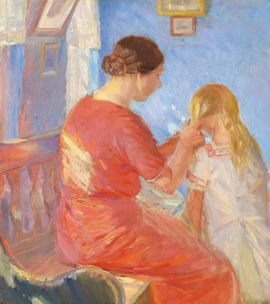 Obraz La mère tresse les cheveux de l'enfant - Anna Ancher | Druk artystyczny