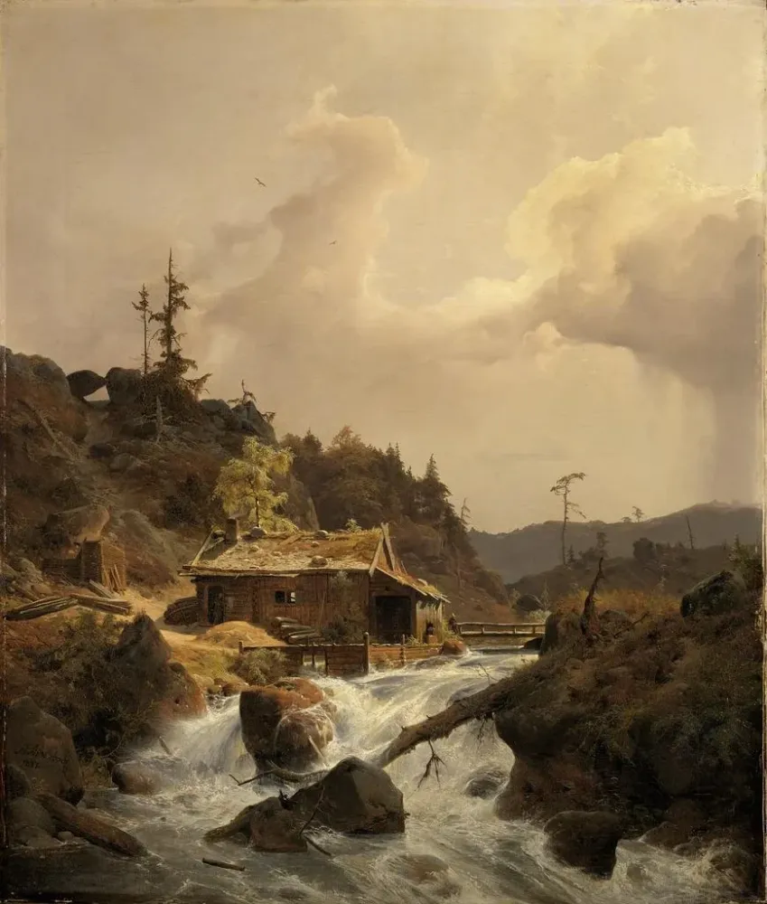 Obraz pejzaż norweskiego z młynem - Andreas Achenbach | Druk artystyczny