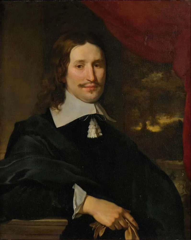 Obraz Portret dżentelmena trzymającego rękawiczki w półpostaci przed krajobrazem - Abraham Lambertsz van den Tempel | Druk...