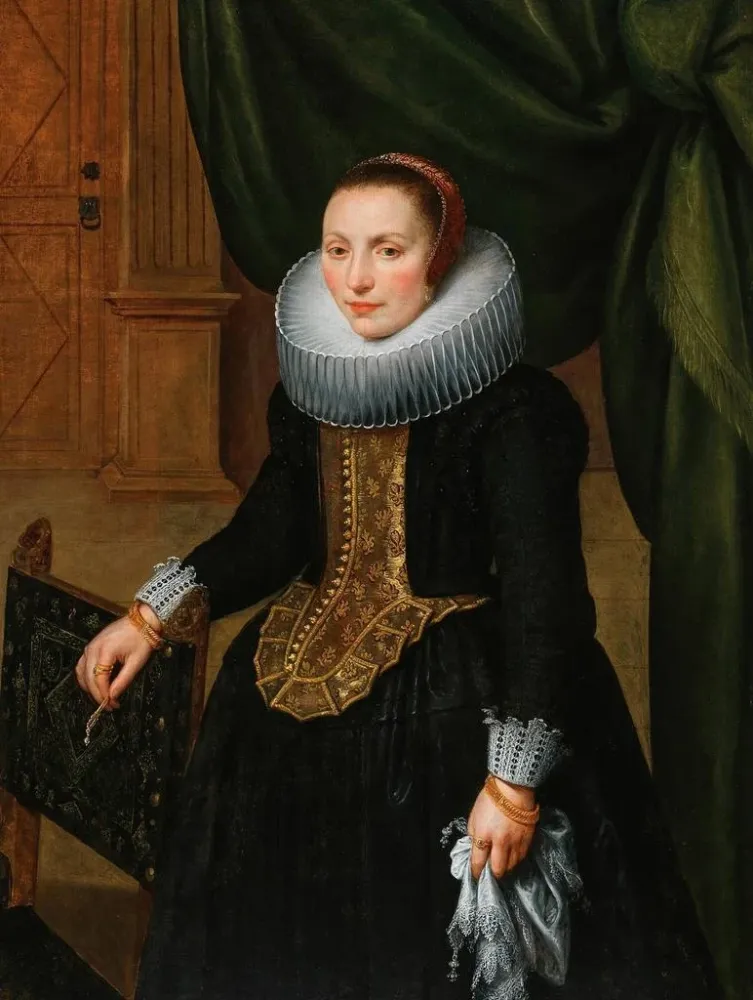 Obraz Portret eleganckiej damy stojącej obok krzesł - Szkoł Antwerpii | Druk artystyczny