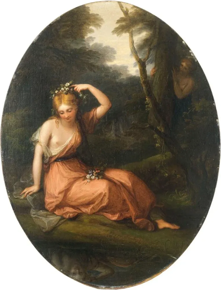 Obraz Silvia ozdabiający się kwiatami pod obserwacją Daphné - Angelica Kauffman | Druk artystyczny