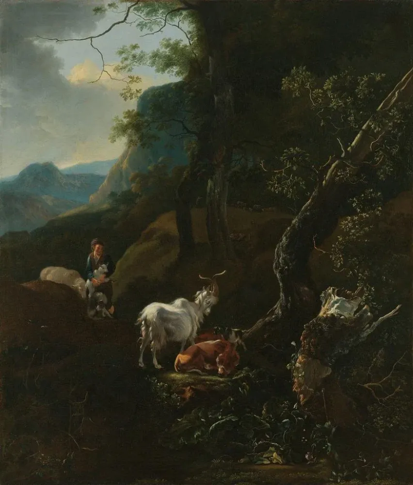 Obraz Une bergère avec des animaux dans un paysage montagneux - Adam Pynacker | Druk artystyczny