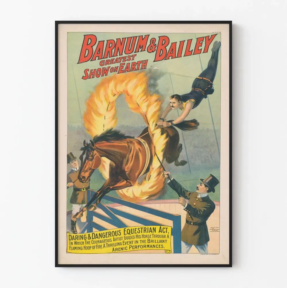 Odważny plakat z vintage spektaklu jeździeckiego Barnum & Bailey