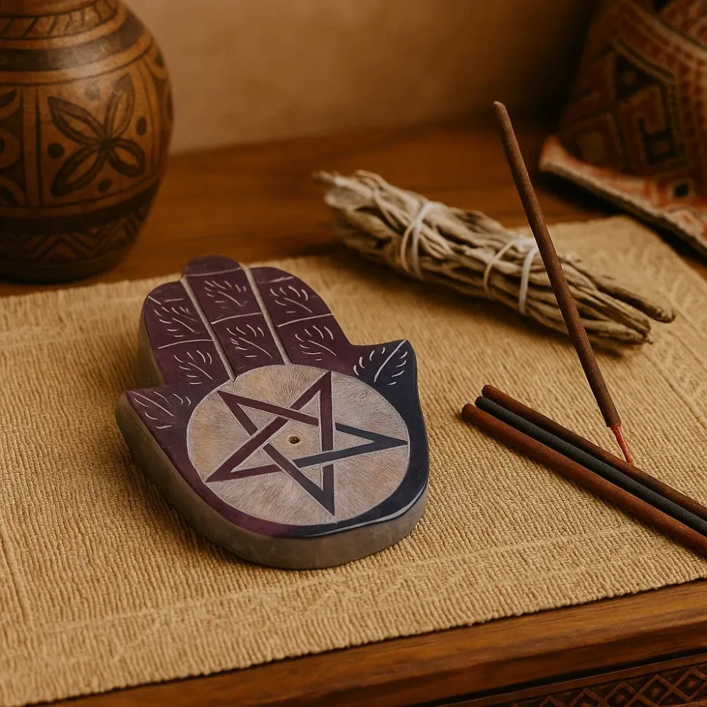 Palnik do kadzideł Hamsa z mydlanego kamienia, pentagonalny design