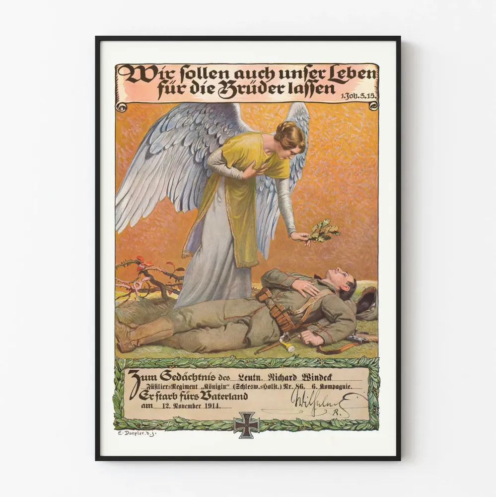 Pamiątkowy plakat wojskowy z aniołem i poległym żołnierzem