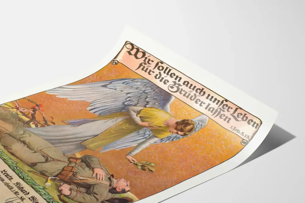 Pamiątkowy plakat wojskowy z aniołem i poległym żołnierzem