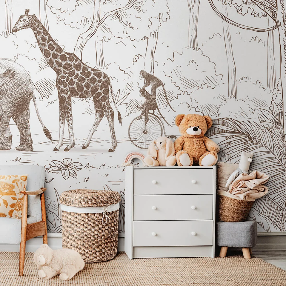 PASTELOVELOVE Tapeta na ścianę dla dzieci na wymiar Animal parade brązowa