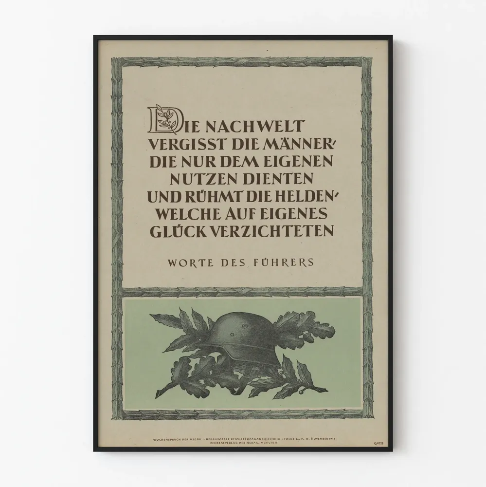 Plakat na ścianę z cytatem w języku niemieckim, z hełmem i gałęziami