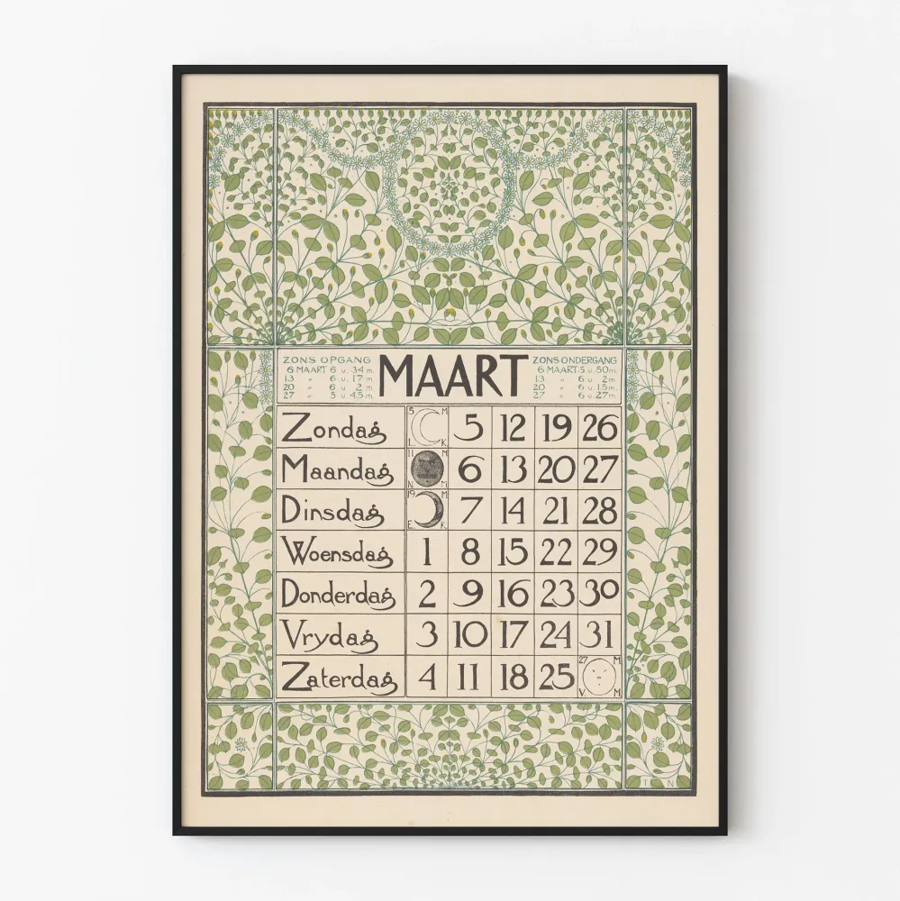 Plakat ścienny kalendarz na marzec 1899, secesja z motywem liści