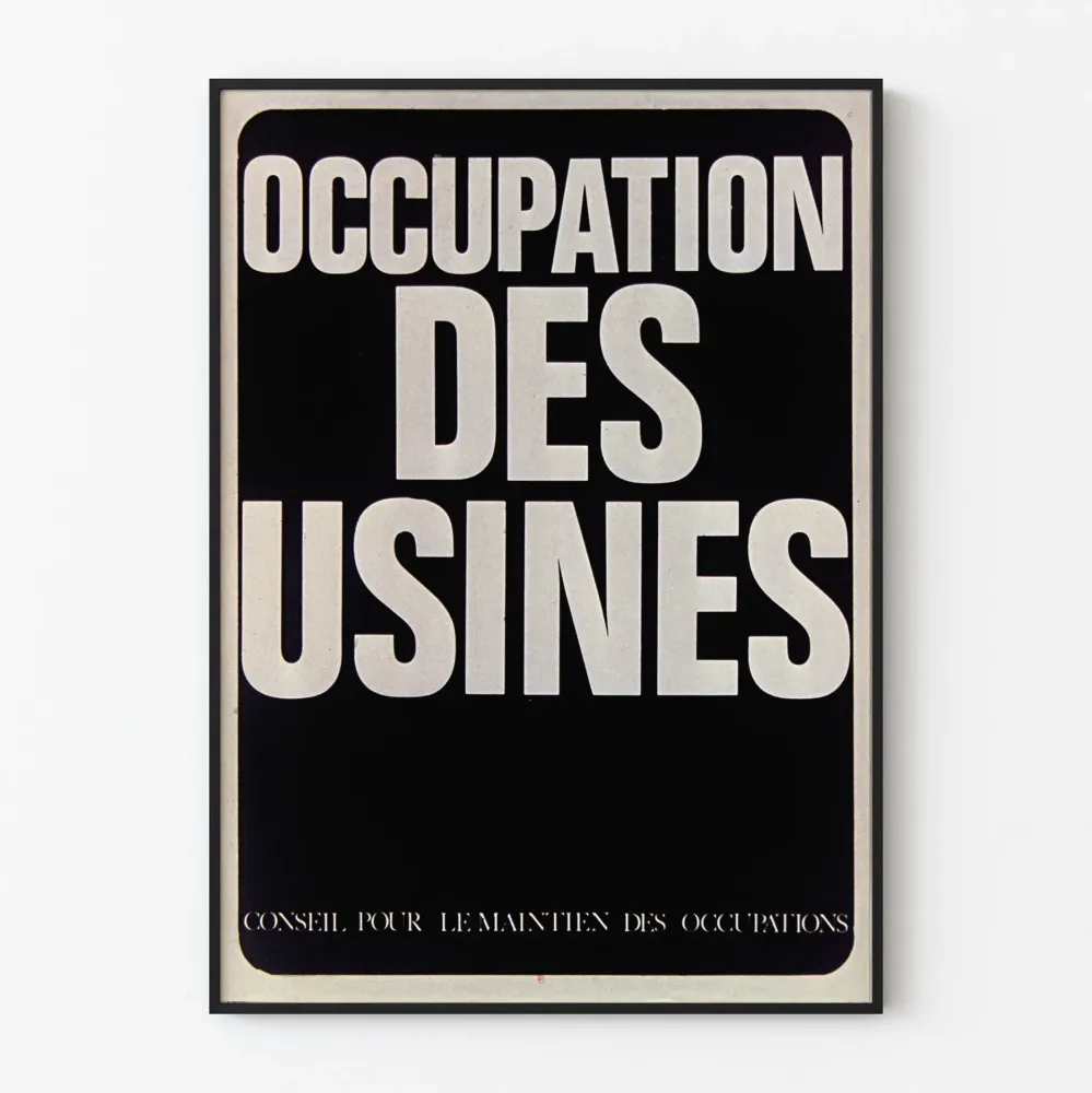Plakat ścienny o tematyce okupacji fabryk, styl vintage