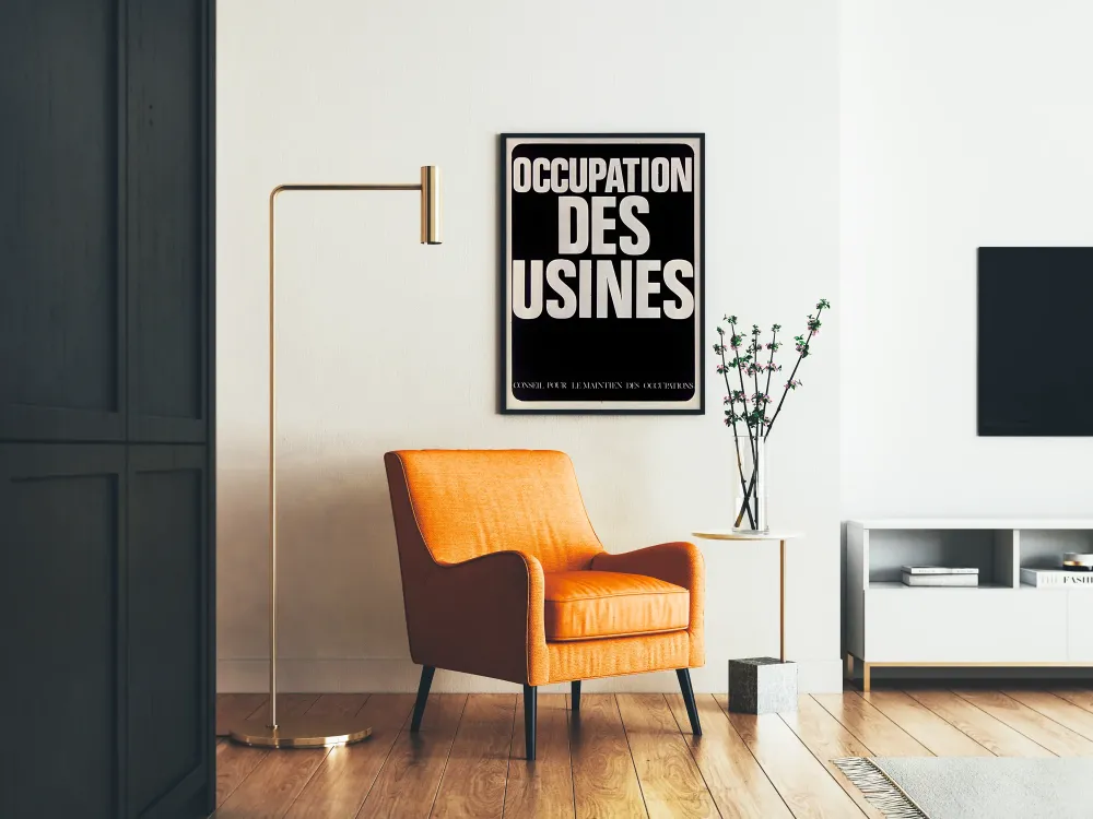 Plakat ścienny o tematyce okupacji fabryk, styl vintage