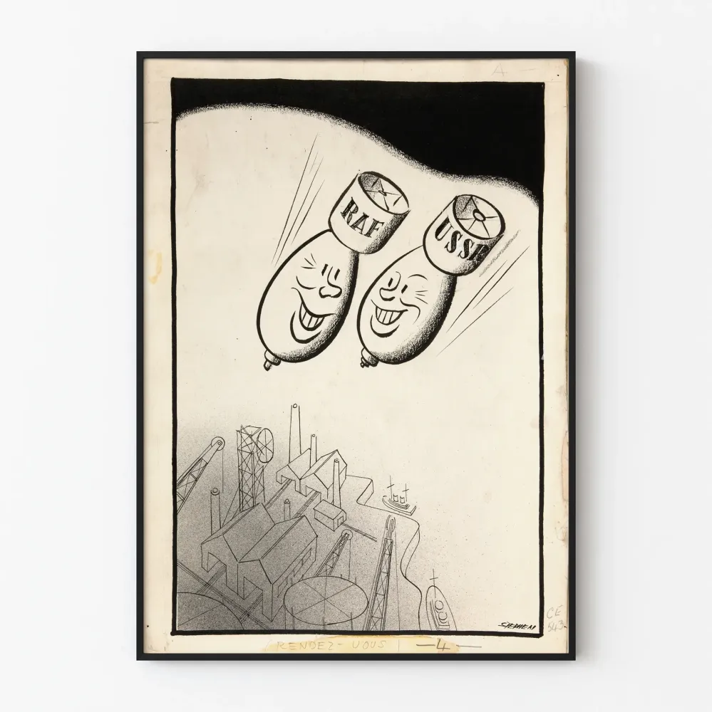 Plakat ścienny vintage z bombami RAF i ZSRR na fabryce i nabrzeżach