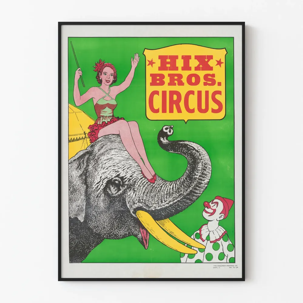 Plakat Cyrk Hix Bros z słoniem, klaunem i artystą