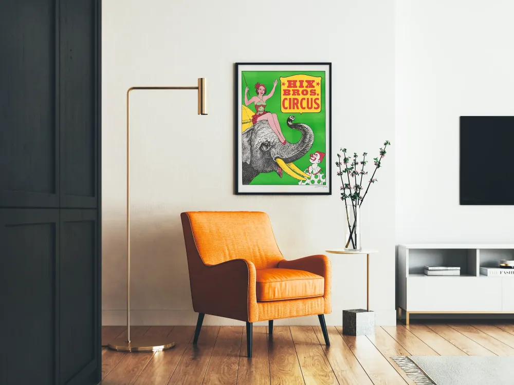 Plakat Cyrk Hix Bros z słoniem, klaunem i artystą