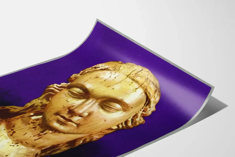 Plakat dekoracja ścienna z rzeźbionym popiersiem na fioletowym tle