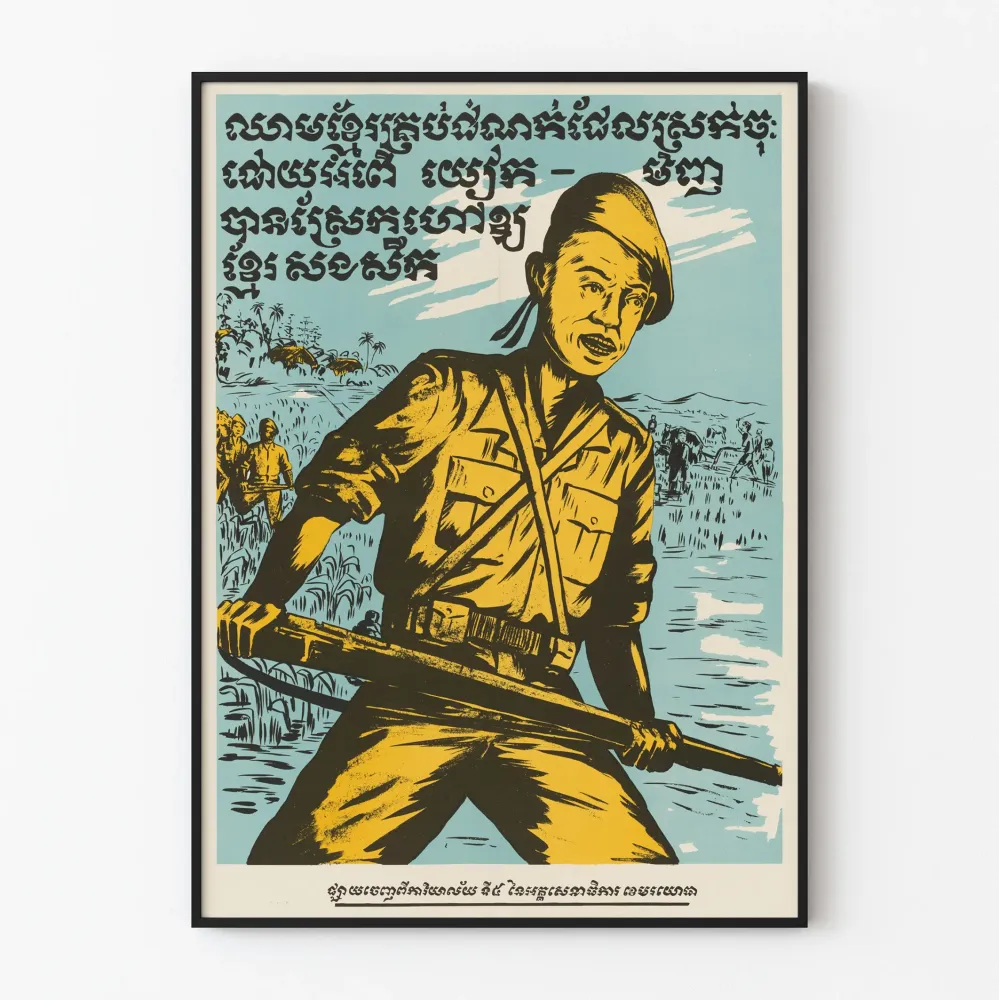 Plakat dekoracji ściennej Kambodżński żołnierz i krajobraz wiejski
