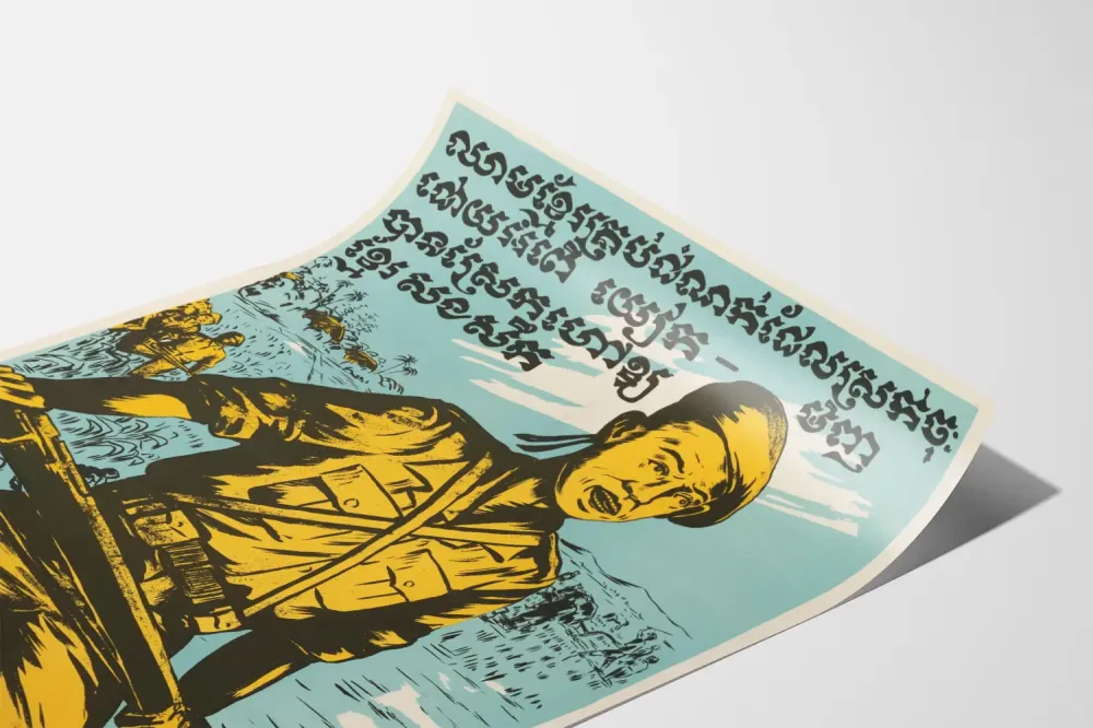 Plakat dekoracji ściennej Kambodżński żołnierz i krajobraz wiejski