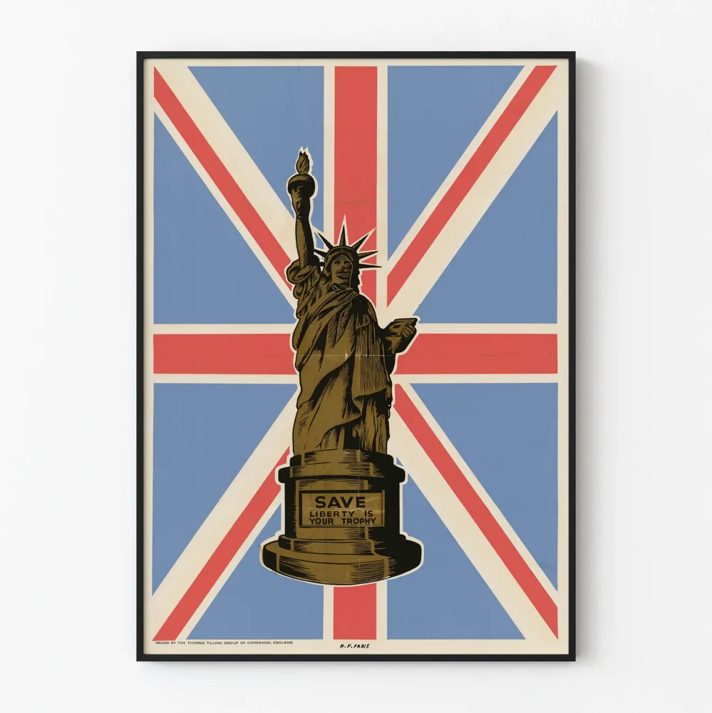 Plakat dekoracyjny Save Liberty Is Your Trophy z figurą Statuy Wolności i flagą brytyjską